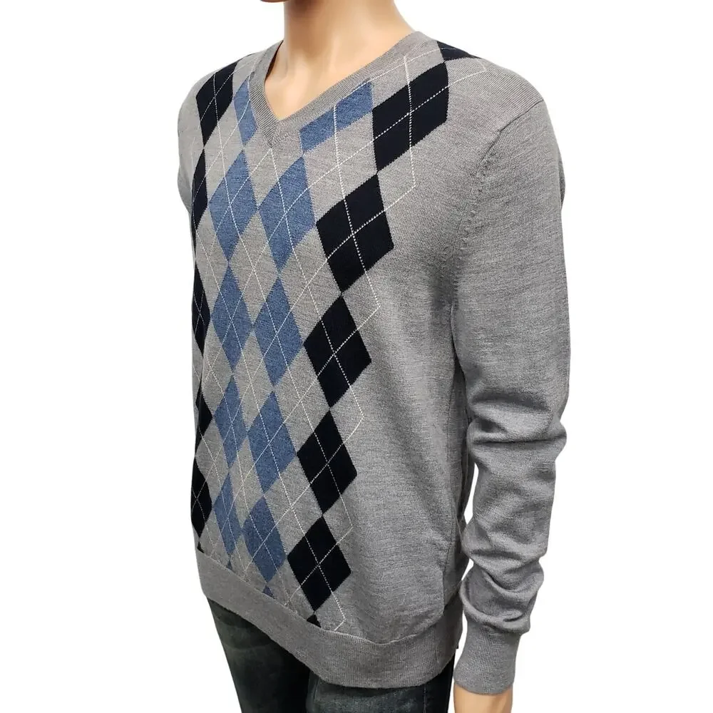 Banana Republic 100% Merino Wool Sweater Men L Argyle Diamond V Neck Gray Blue